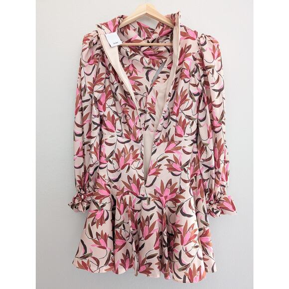 Acler Coleman Mini Dress Pink Wandering Floral Sz 6 Cowl Neck Long Sleeve Flared - Picture 6 of 11